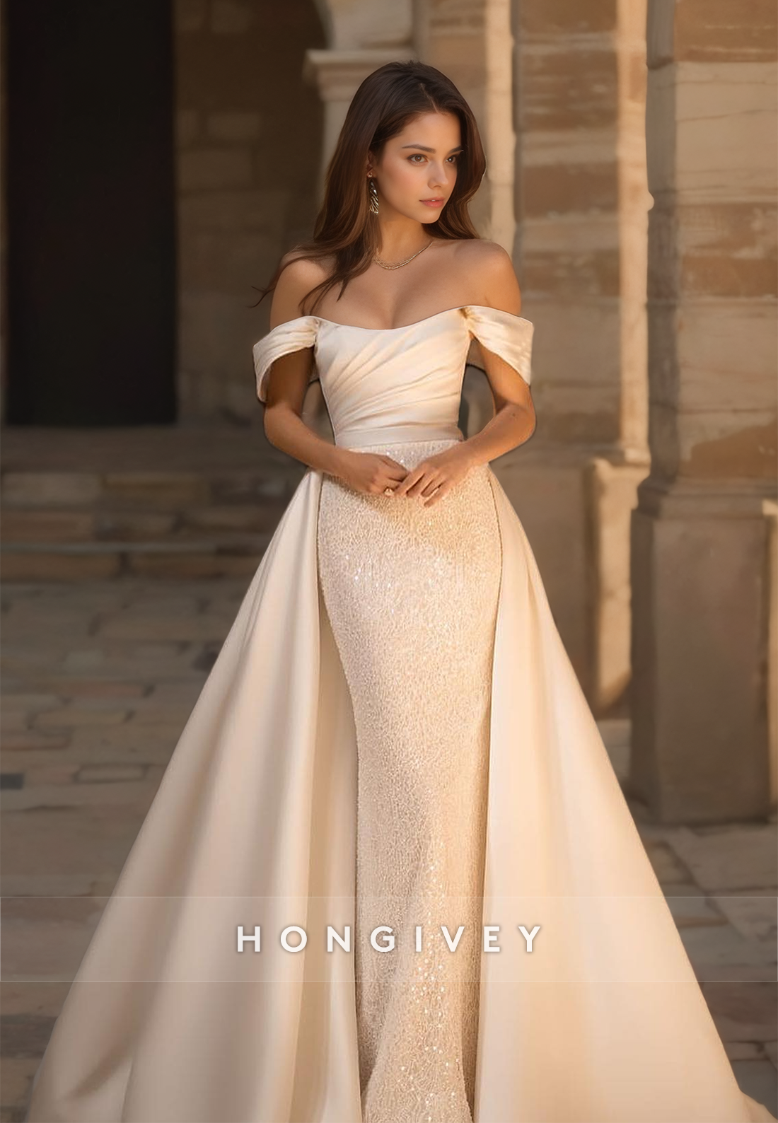 - Sexy Satin A-Line Off-Shoulder Empire Pleats Beaded Overskirt Gown Wedding Dress