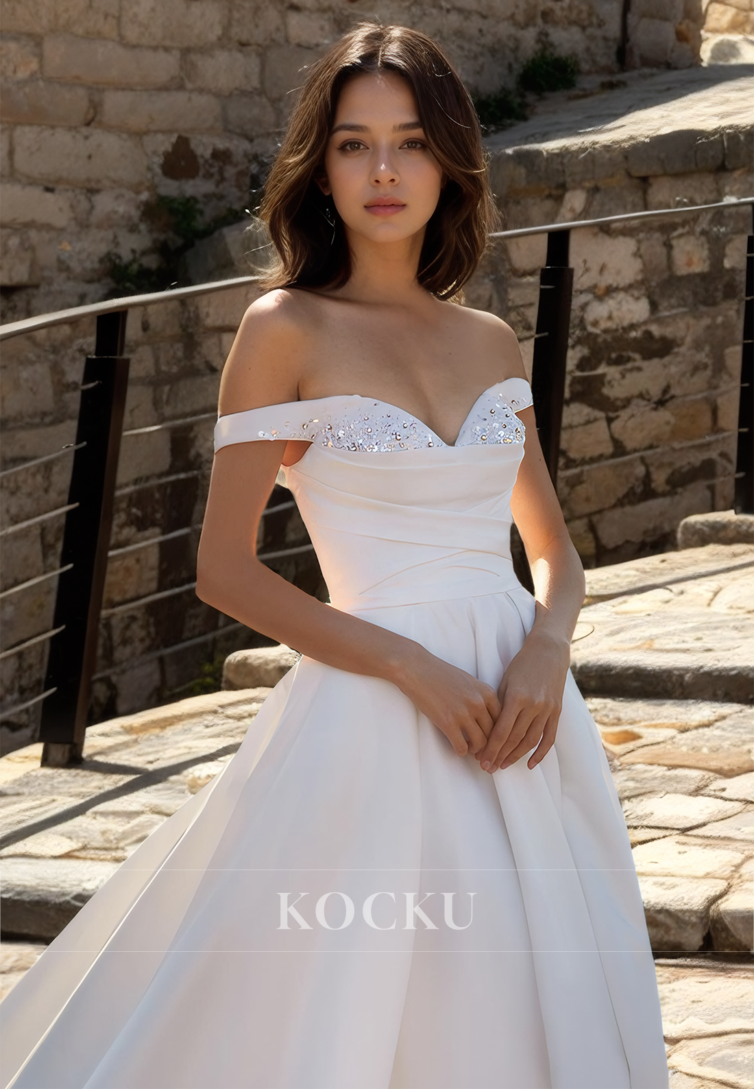 Sweetheart A-Line Bridal Gowns Sleeveless Brush Train Pleated Satin Wedding Dress with Beads
