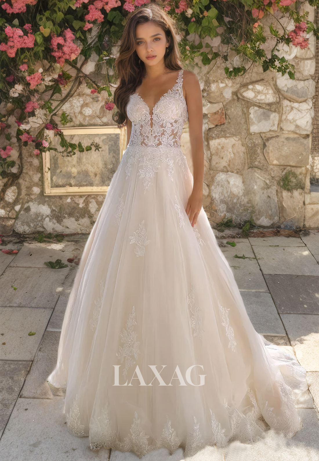 A-Line V-Neck Spaghetti Straps Beach Bridal Dress Lace Appliques Boho Wedding Dress with Sweep Train - Fashionpara