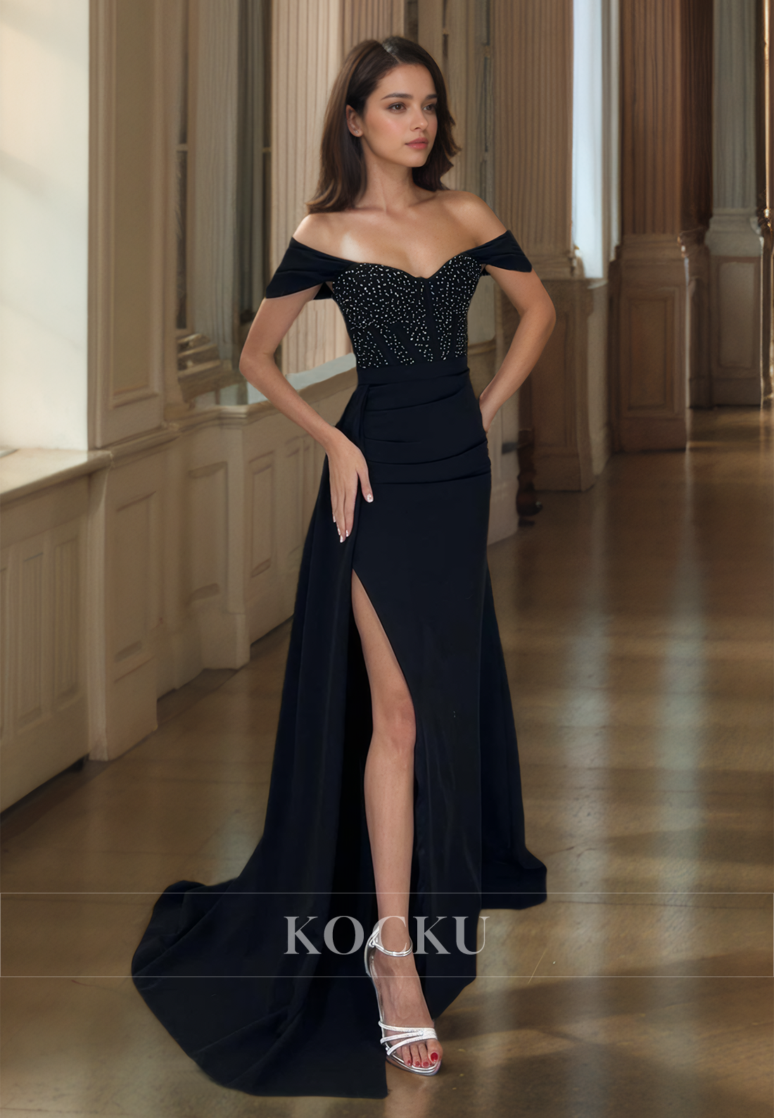 Off-Shoulder Sheath Sleeveless High Split Train Pleated Satin Evening Dress with Beads Prom Dress