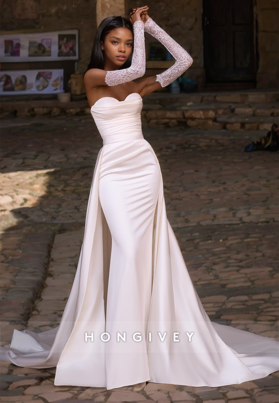 Elegant Mermaid Satin Wedding Dress with Detachable Train Gloves Bride Gown