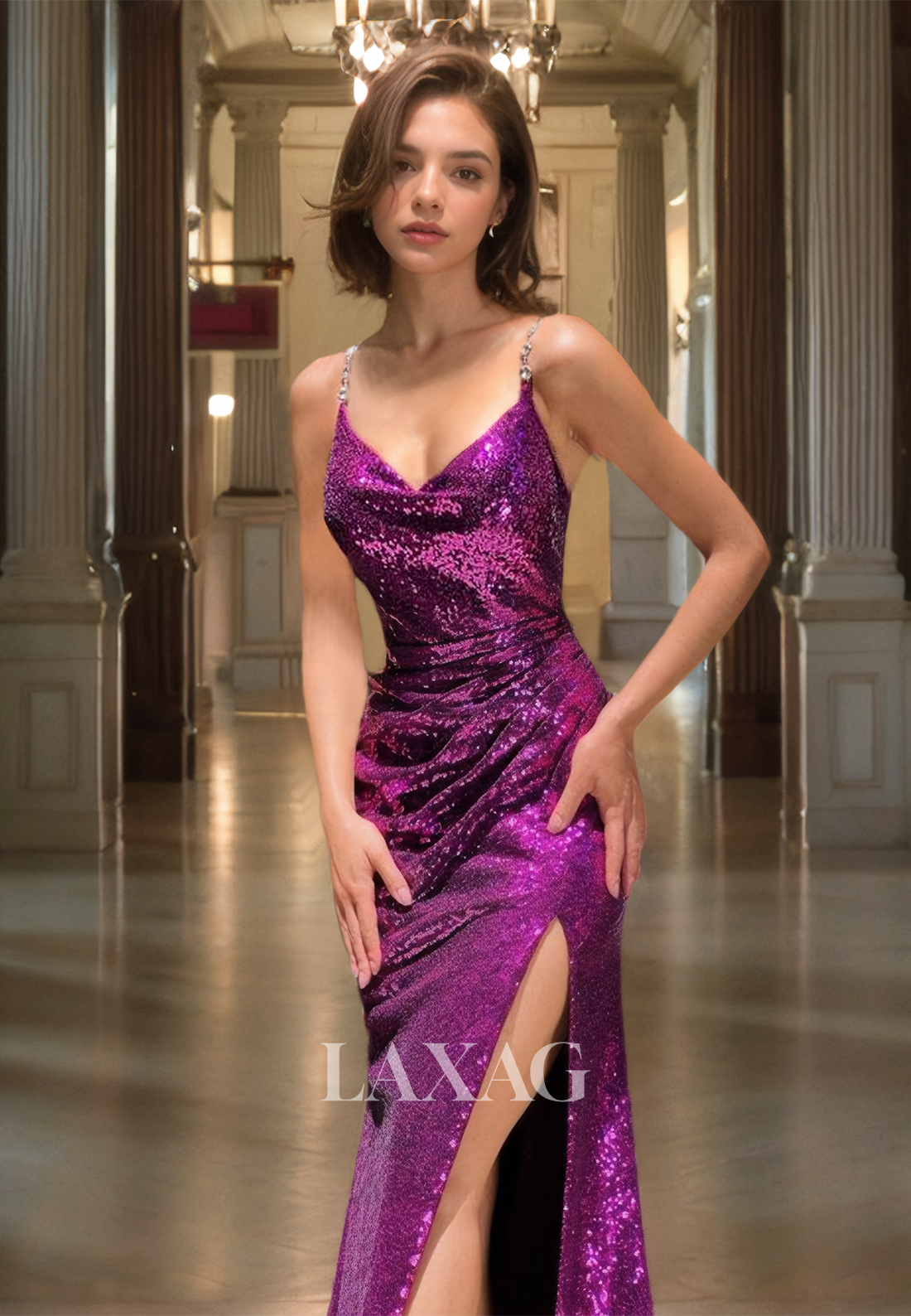 V-Neck Spaghetti Straps Sleeveless Fully Sequined Pleated Beaded Mermaid Prom Dress with High Slit