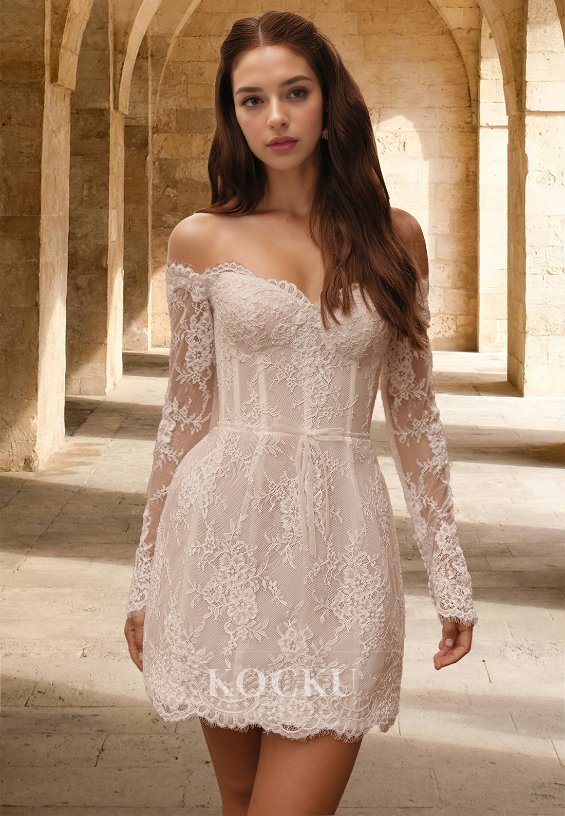 Distinctive Long Sleeves Sweetheart A-Line Appliques Lace Mini Beach Wedding Dress with Bows