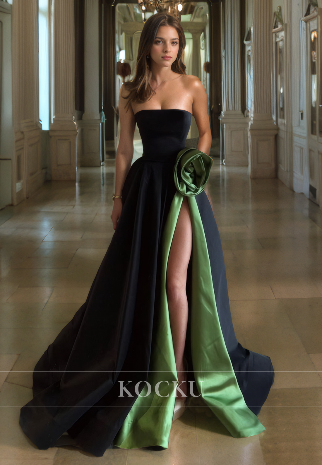 A-Line Tube Top Sleeveless Side Slit Satin Pleats Prom Dress Formal Occasion with Floral