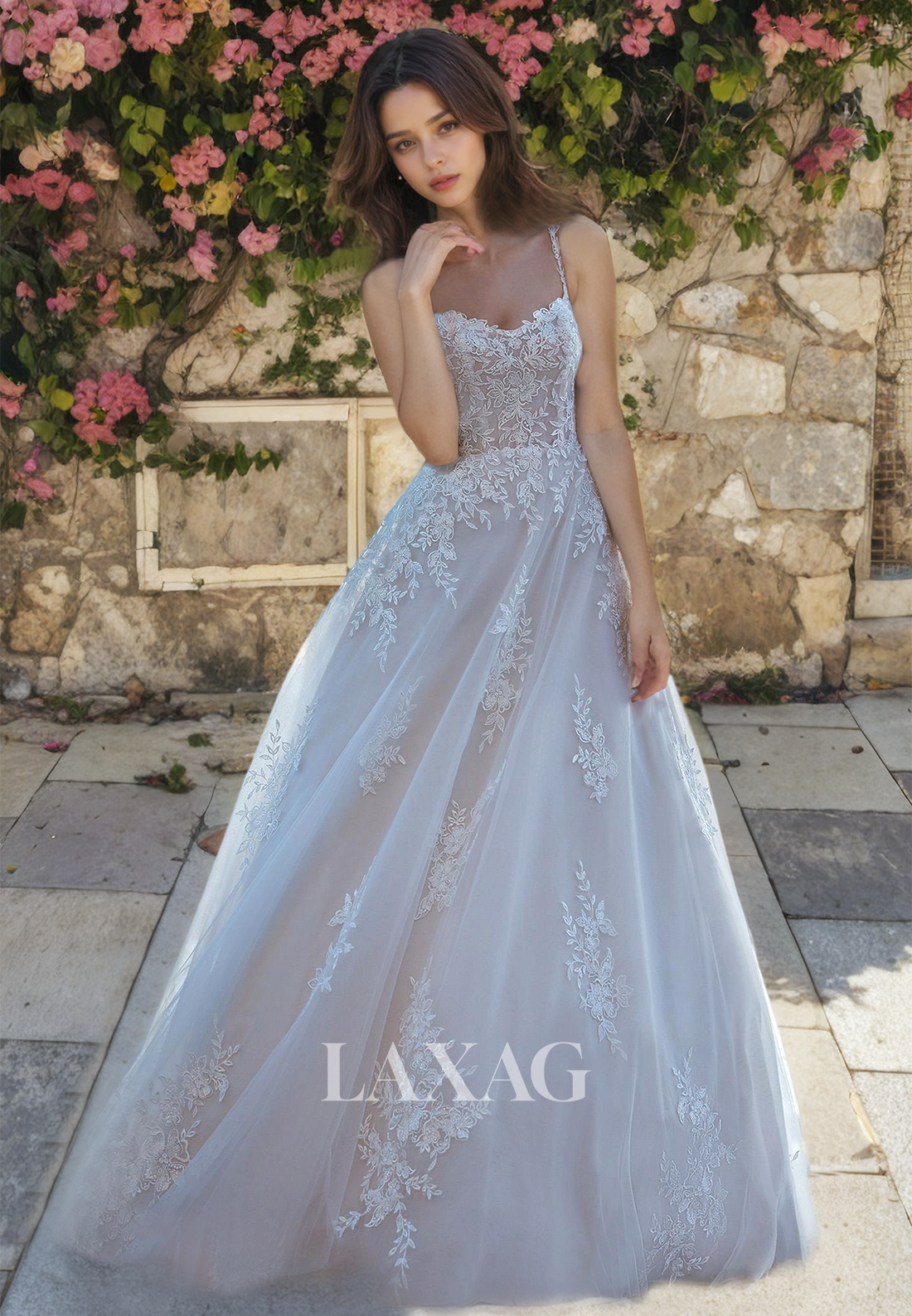 Spaghetti Straps Sweetheart Pleated A-Line Boho Bridal Dress Lace Appliques Wedding Dress with Train - Fashionpara