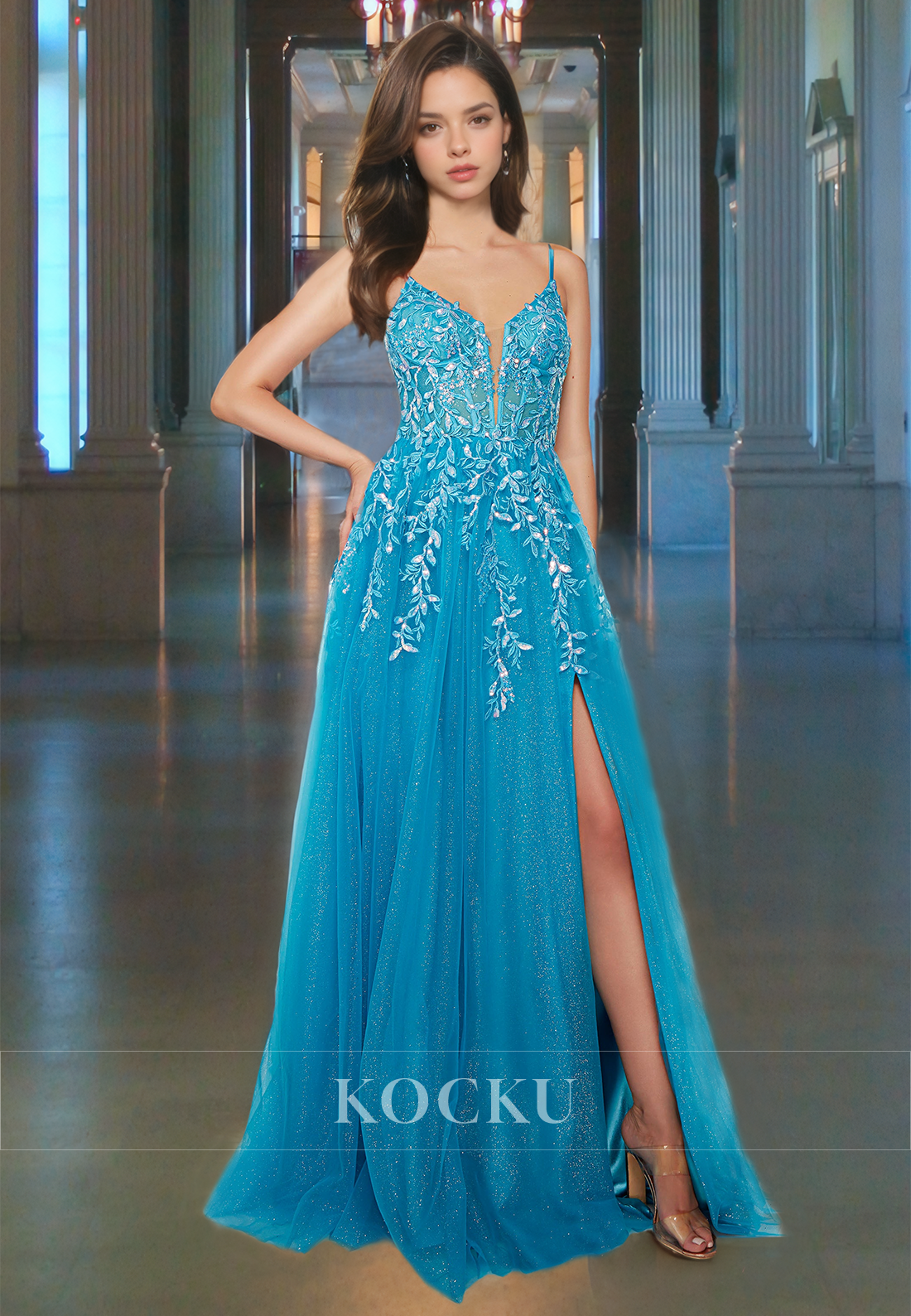 Charming A-Line Spaghetti Straps V-Neck Appliques Pleats Lace Beaded Prom Formal Dress with Slit