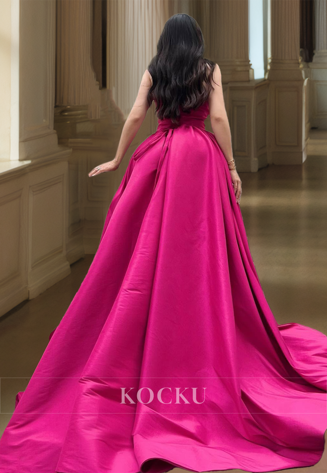 A-Line Sweetheart Sleeveless High Slit Satin Evening Gowns Floral Embossed Prom Dress with Train
