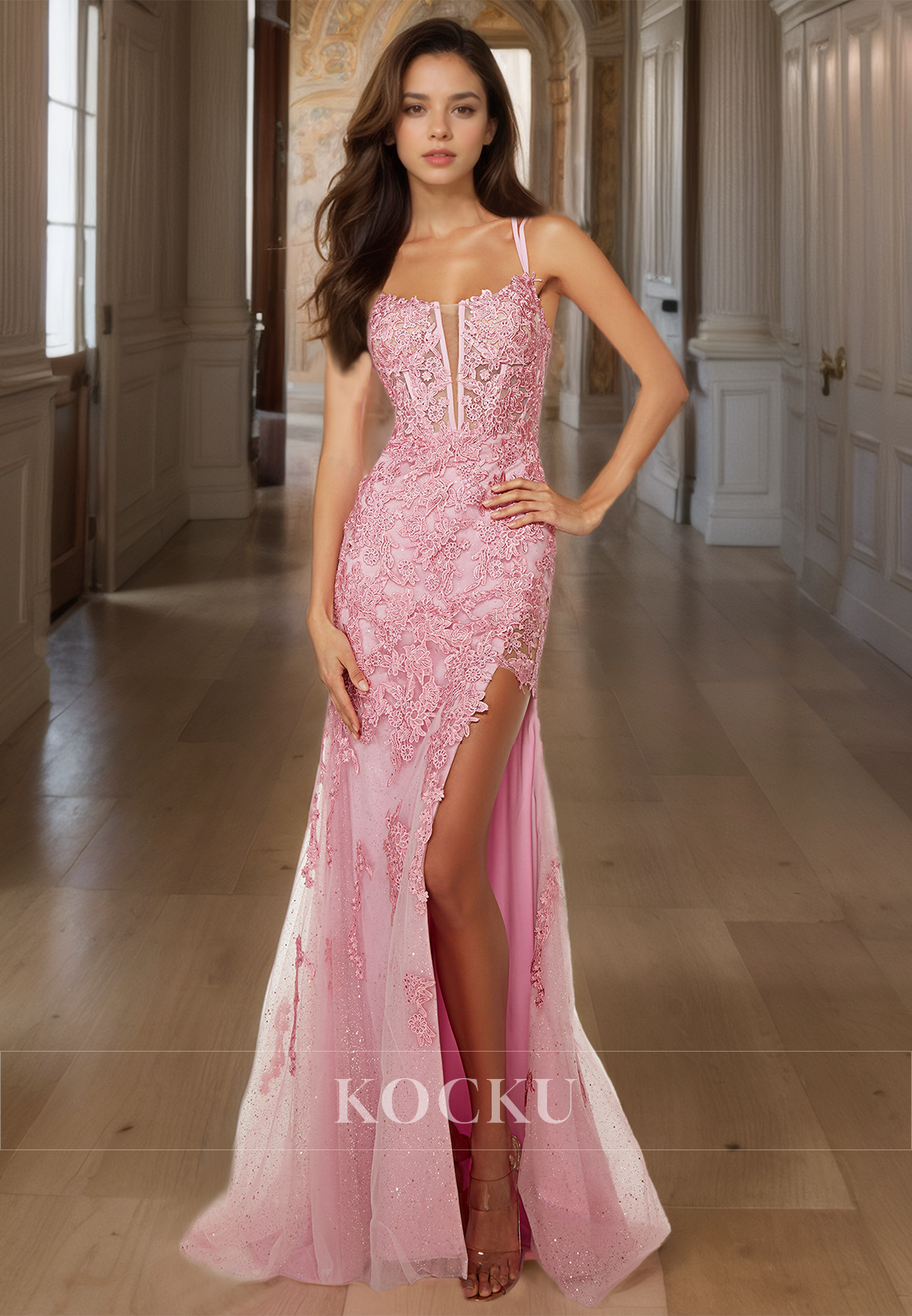 Scoop Neck Spaghetti Straps Side Slit Lace Sheath Long Prom Formal Evening Dress with Applique