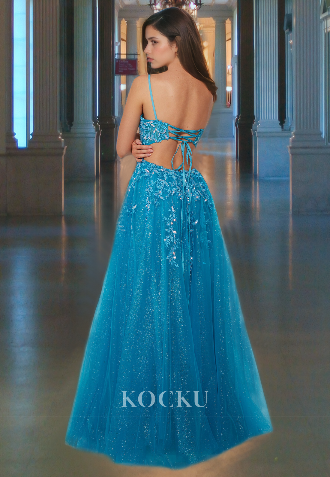 Charming A-Line Spaghetti Straps V-Neck Appliques Pleats Lace Beaded Prom Formal Dress with Slit