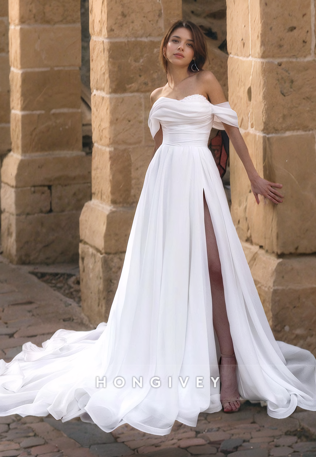 Off-Shoulder Tulle A-Line Side Slit Wedding Dress with Train Bride Gown