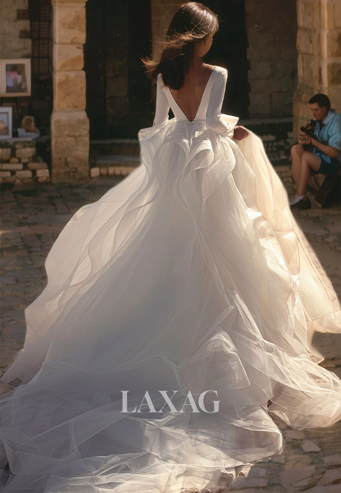 Ornate V-Neck Long Sleeves Wedding Dress A-Line Beaded with Tulle Train Bridal Gowns - Fashionpara