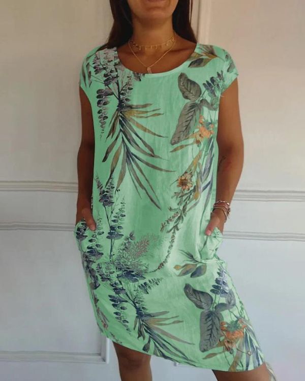 Leaf Print Scoop Neck Cap Sleeve Pocket Shift Mini Dress - View 5