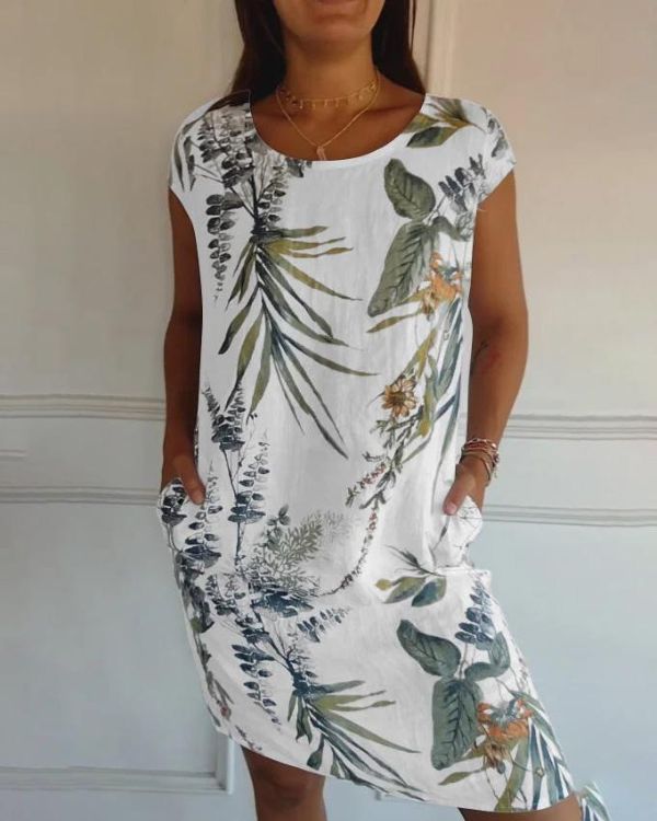Leaf Print Scoop Neck Cap Sleeve Pocket Shift Mini Dress