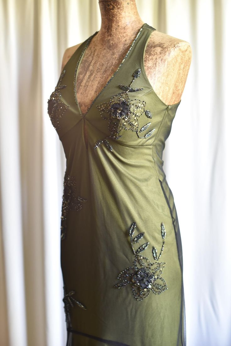 Vintage Olive Green Satin Tulle Beaded Mermaid Evening Dress Backless Long Party Dress D1405