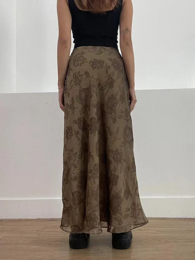 Autumn Long Skirt Vintage Floral Print Low Rise Skirt