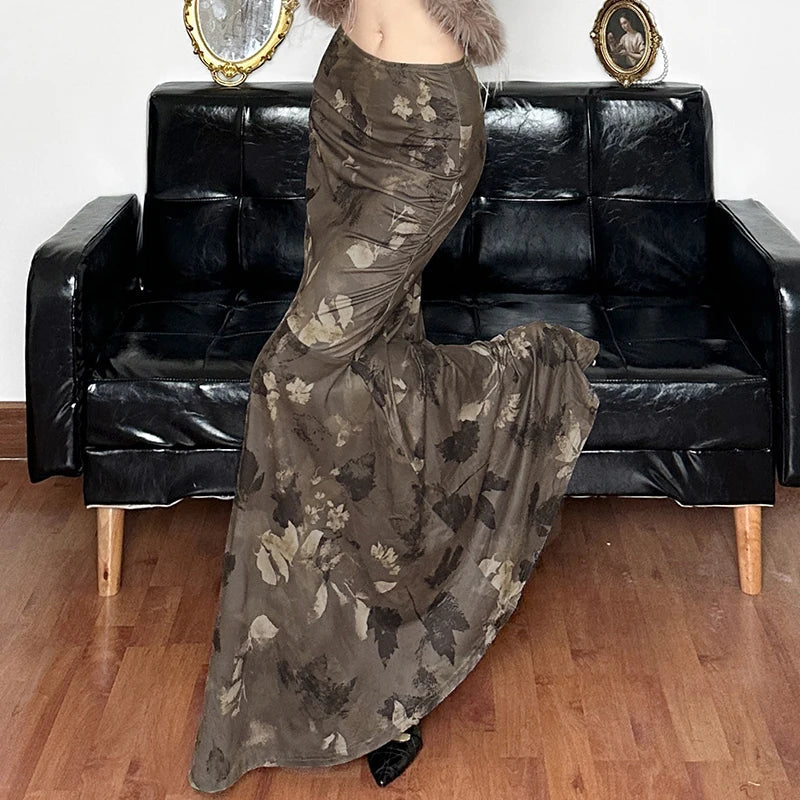 Vintage Floral Print Maxi Skirt Grunge Style 2000s