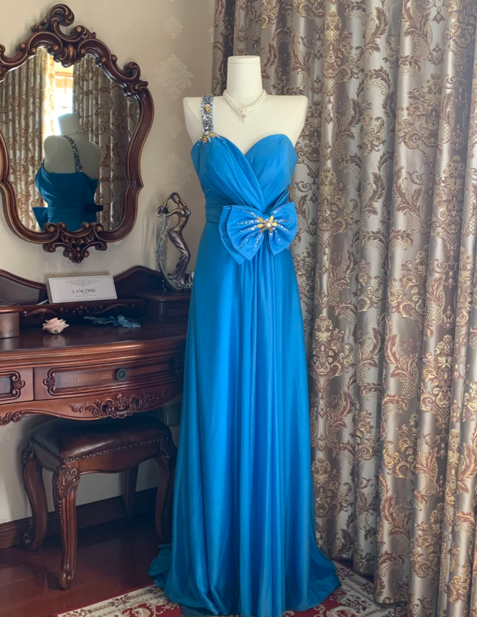Vintage One Shoulder Blue Satin Beaded Long Wedding Guest Dress Birthday Party Dress With Bow D1751