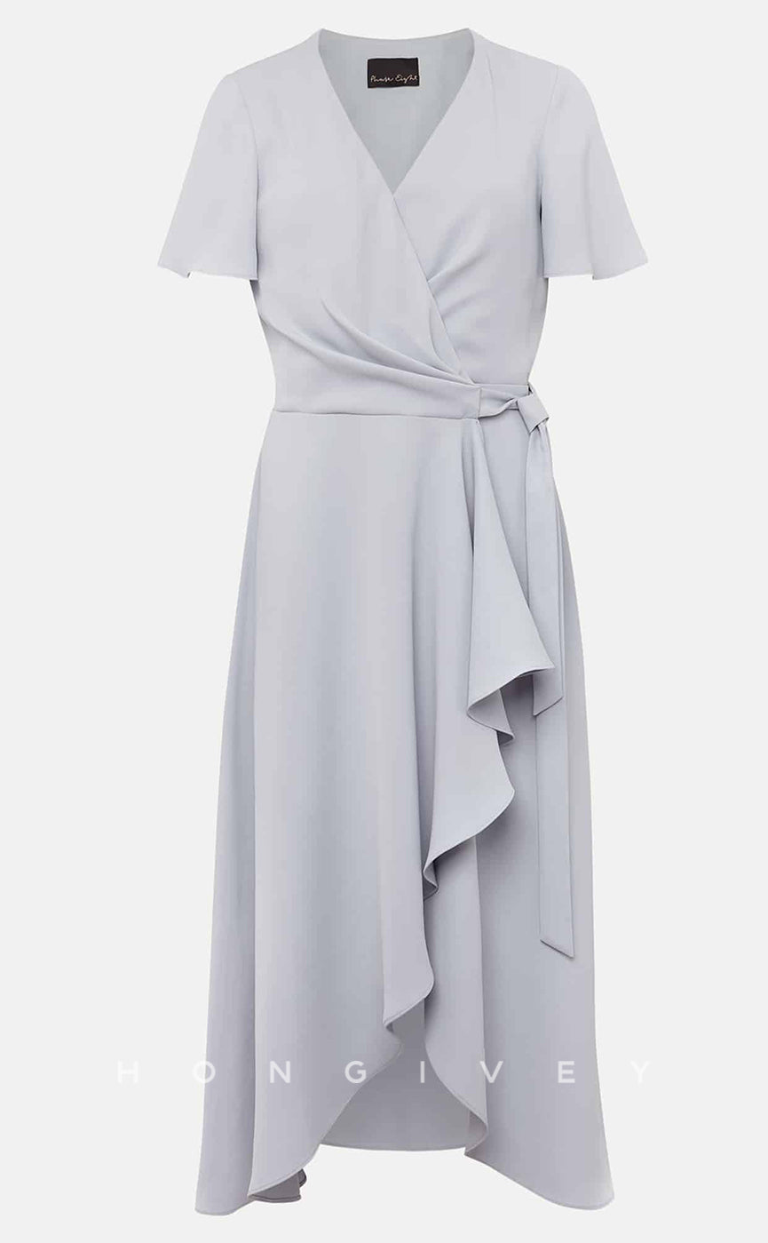 HM100 - Simple & Casual Satin V-Neck Sashes Bandage Ruffles Wedding Party Dresses - Fashionpara