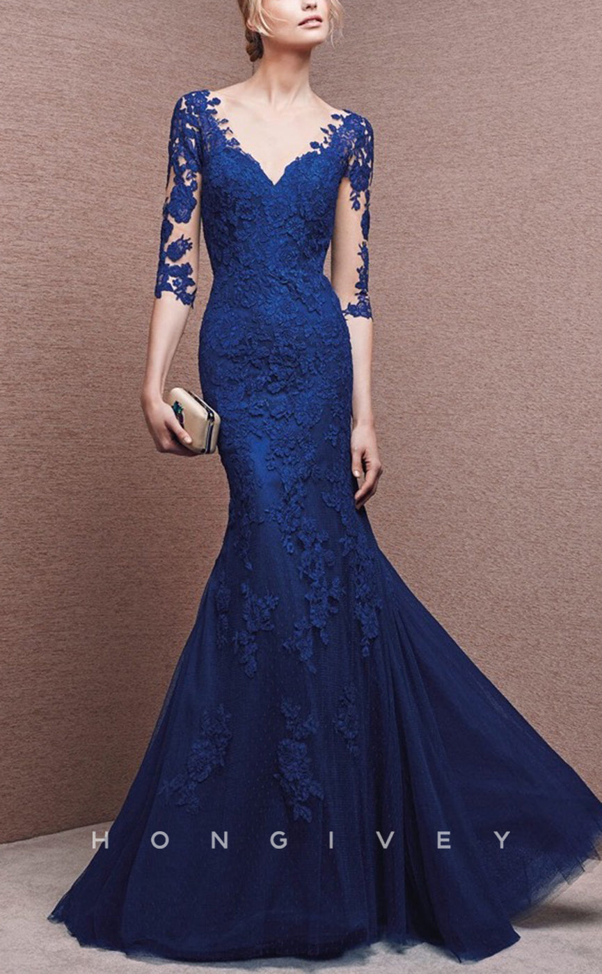 HM103 - Elegant & Luxurious V-Neck Empire Trumpet Appliques 3/4 Sleeves Wedding Party Dresses - Fashionpara