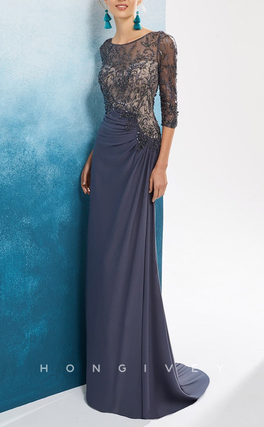 HM104 - Classic Lace Applique Round 3/4 Sleeves Pleats With Train Wedding Party Dresses - Fashionpara