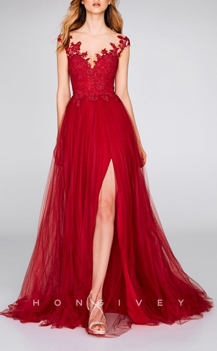 HM111 - Classic & Timeless Red V-Neck Sleeveless Appliques With Side Slit Wedding Party Dresses - Fashionpara