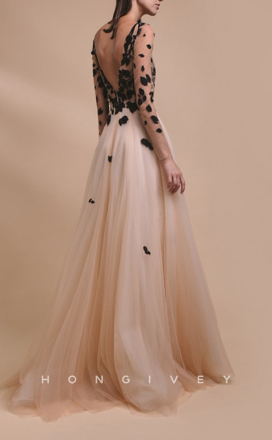 HM113 - Sexy V-Neck Long Sleeves Sheer Appliques With Train Wedding Party Dresses - Fashionpara