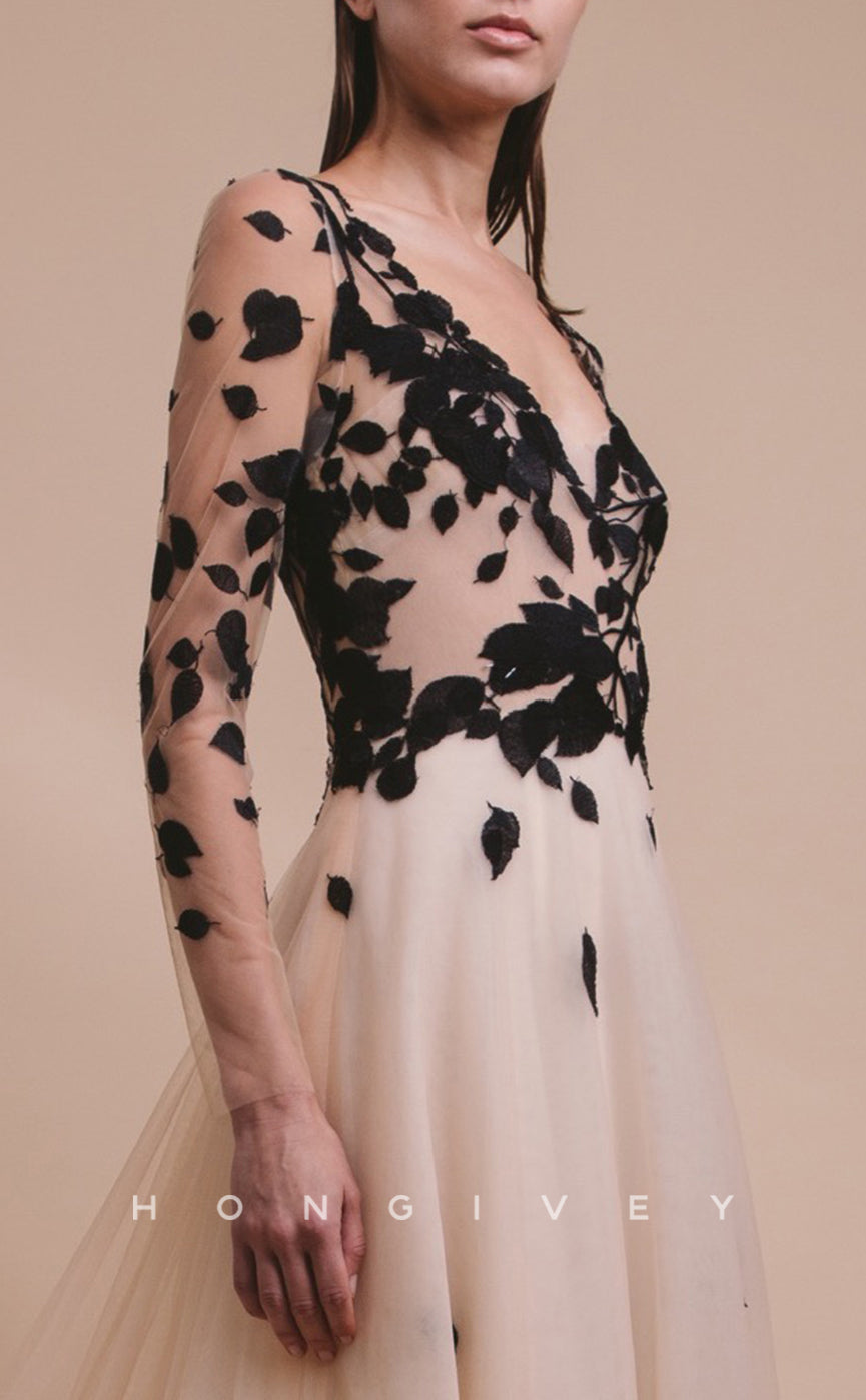 HM113 - Sexy V-Neck Long Sleeves Sheer Appliques With Train Wedding Party Dresses - Fashionpara