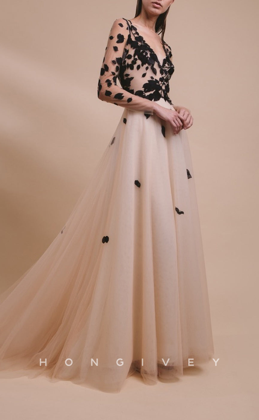 HM113 - Sexy V-Neck Long Sleeves Sheer Appliques With Train Wedding Party Dresses - Fashionpara