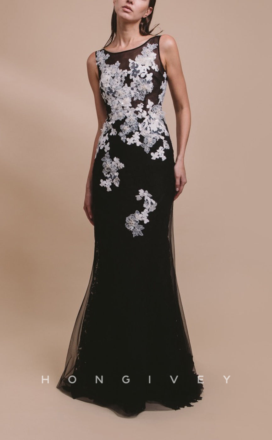 HM114 - Chic & Modern Black Illusion With Train Scoop Sleeveless Appliques Wedding Party Dresses - Fashionpara