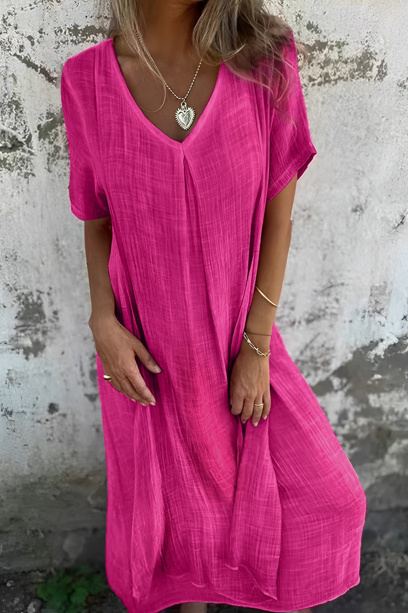 Cotton Solid V Neck Midi Dress