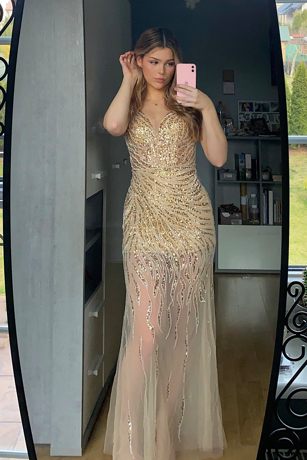 Mermaid Deep V Neck Golden Long Prom Dress with Backless - Fashionpara
