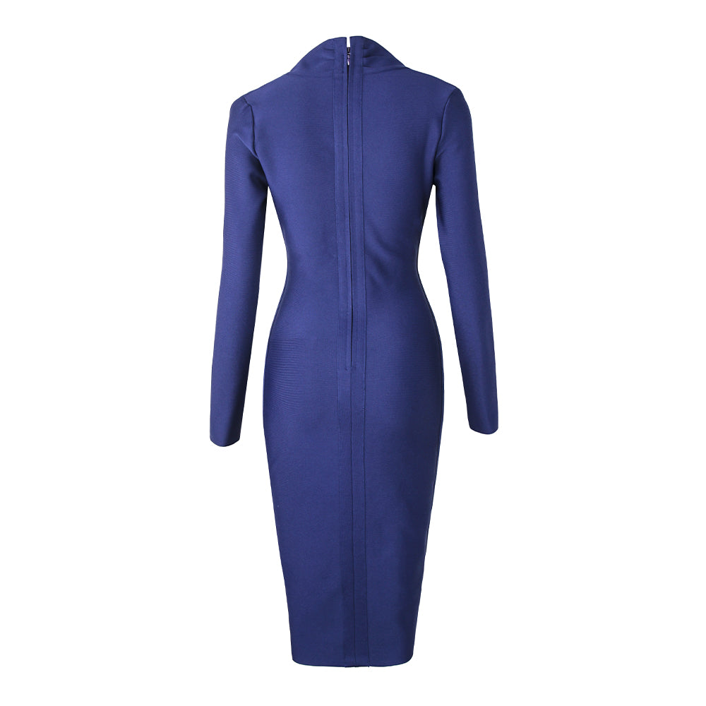 Plunge V-Neck Long Sleeve Ruched Bodycon Midi Dress