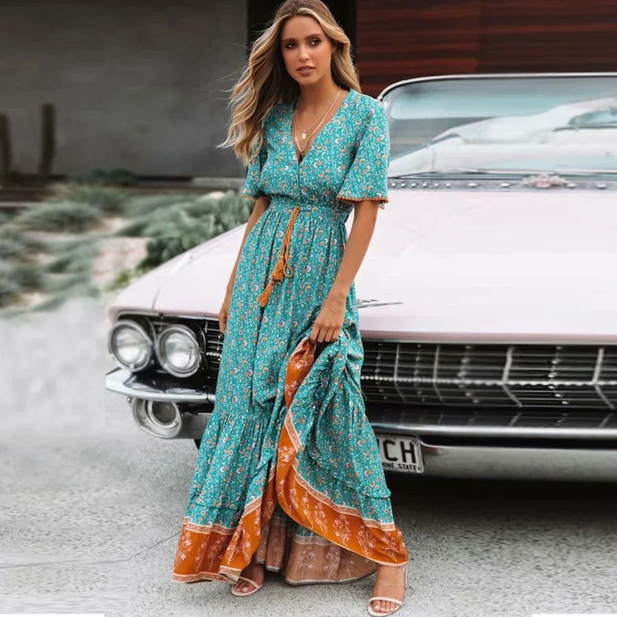 Floral Print Deep V Neck Loose Hippie Maxi Boho Dress