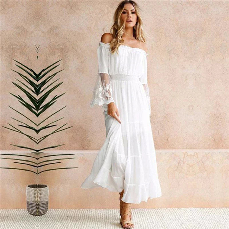 Off Shoulder Lace Insert Long Sleeve Smocked Waist Tiered Maxi Dress - View 4