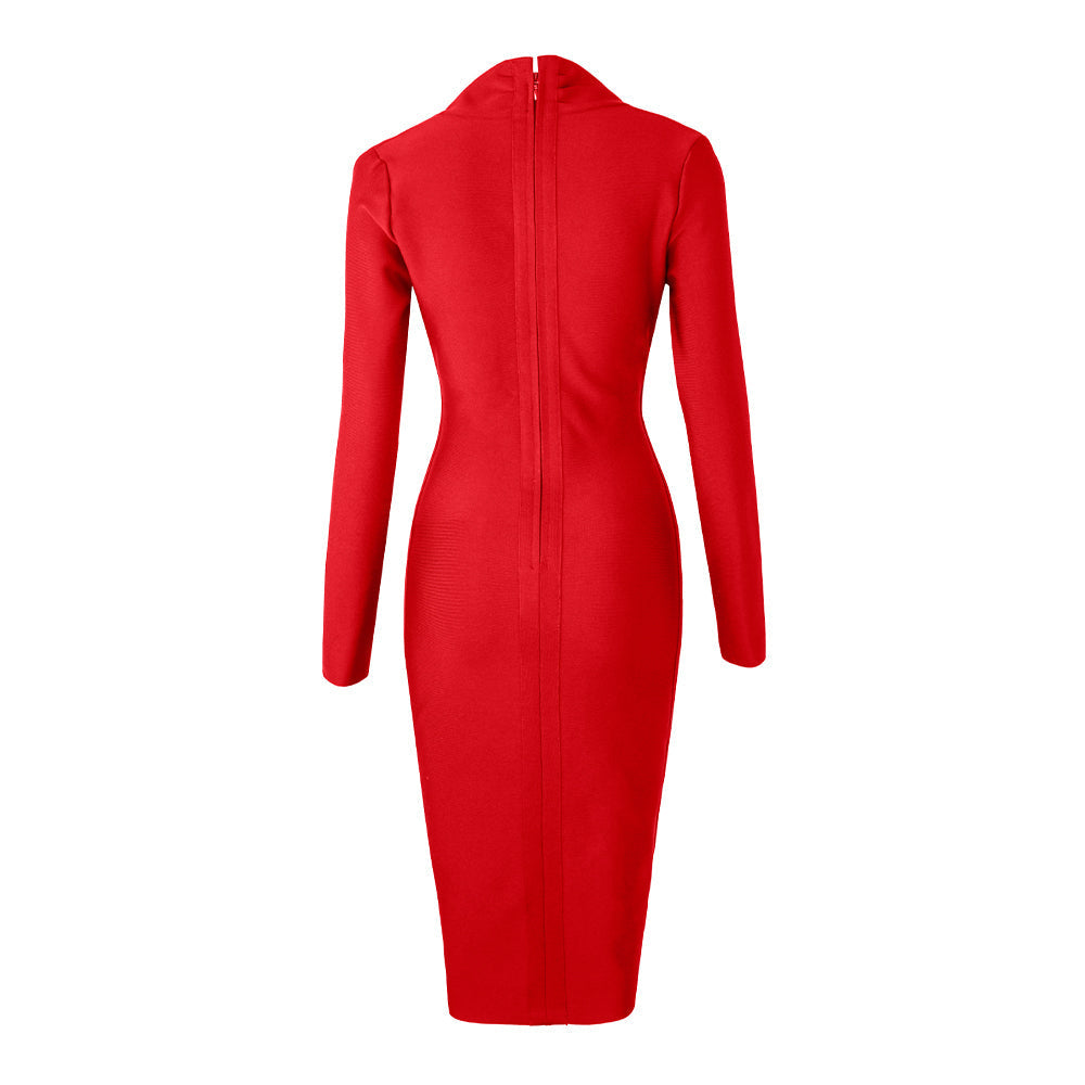 Plunge V-Neck Long Sleeve Ruched Bodycon Midi Dress