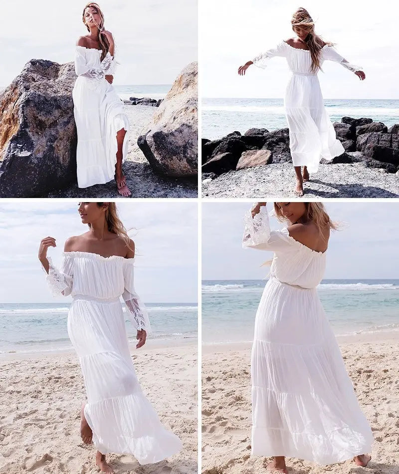 Off Shoulder Lace Insert Long Sleeve Smocked Waist Tiered Maxi Dress - View 5