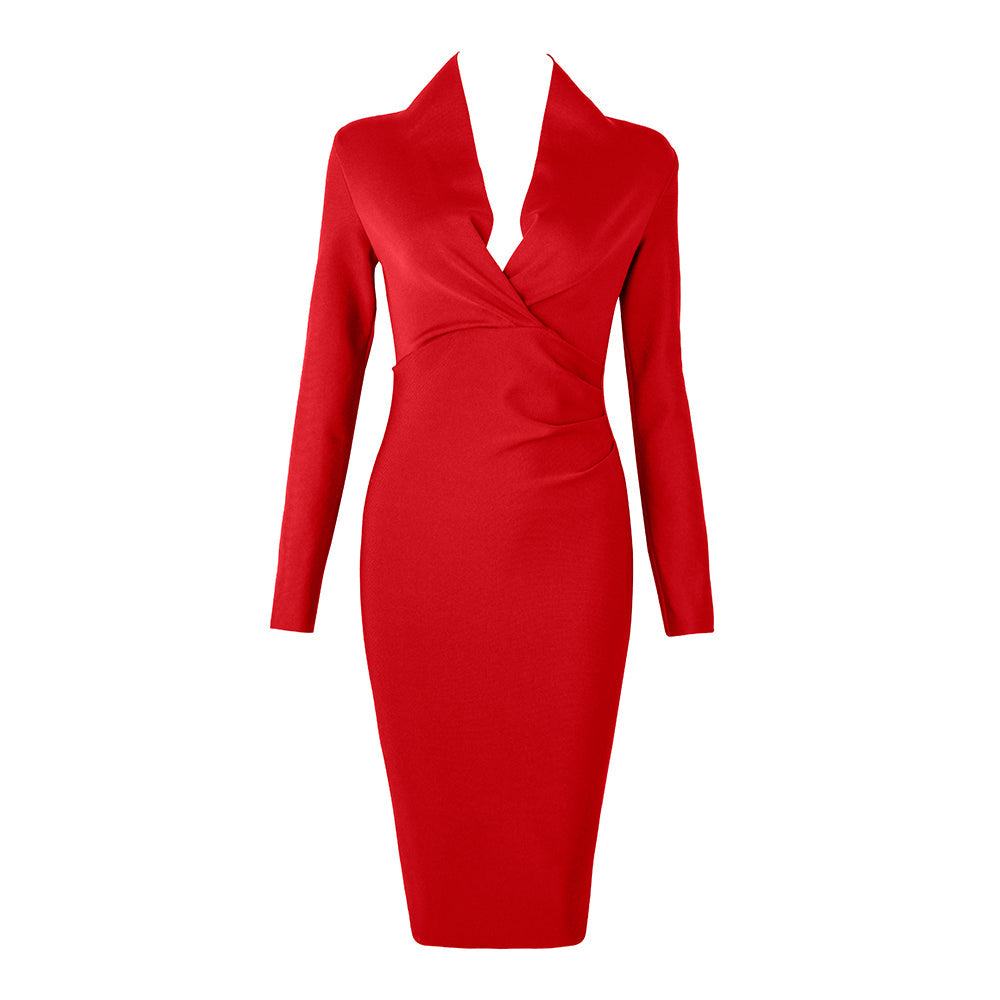 Plunge V-Neck Long Sleeve Ruched Bodycon Midi Dress