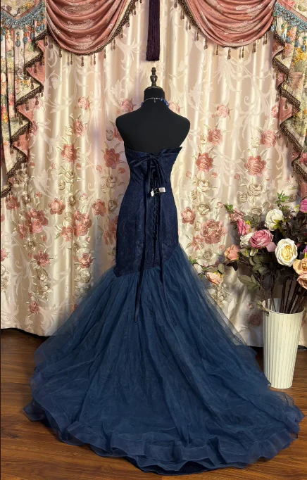 Retro Sweetheart Neck Navy Blue Tulle Appliques Mermaid Prom Dress Birthday Party Dress D1066