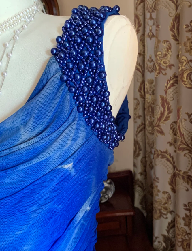 Sexy Royal Blue Tulle Pleated Beaded Mermaid Long Wedding Guest Dress Evening Dress D1716