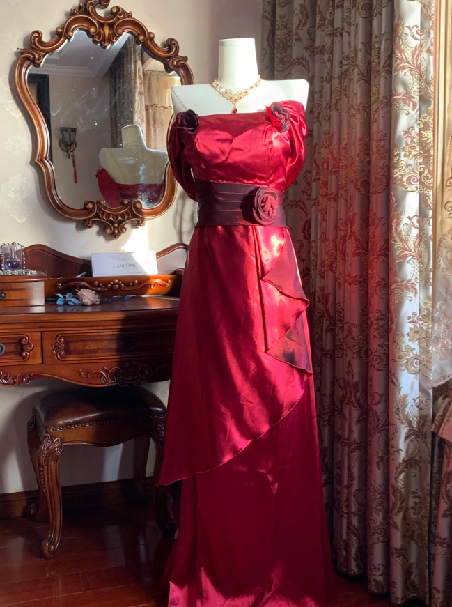 Stylish Burgundy Satin Ruffles Long Party Dress Evening Gown D1777