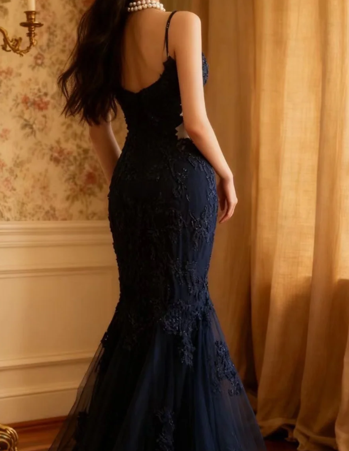 Elegant Spaghetti Straps Navy Blue Tulle Lace Appliques Mermaid Evening Dress Birthday Outfits D1268
