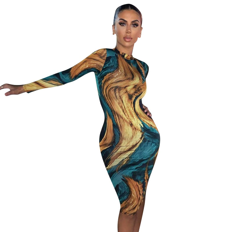 Abstract Print High Neck Long Sleeve Bodycon Dress