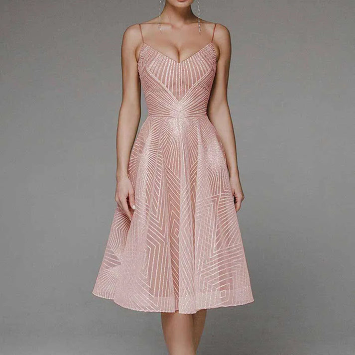 Sequin Spaghetti Strap Deep V-Neck Fit and Flare Midi Dress - View 7