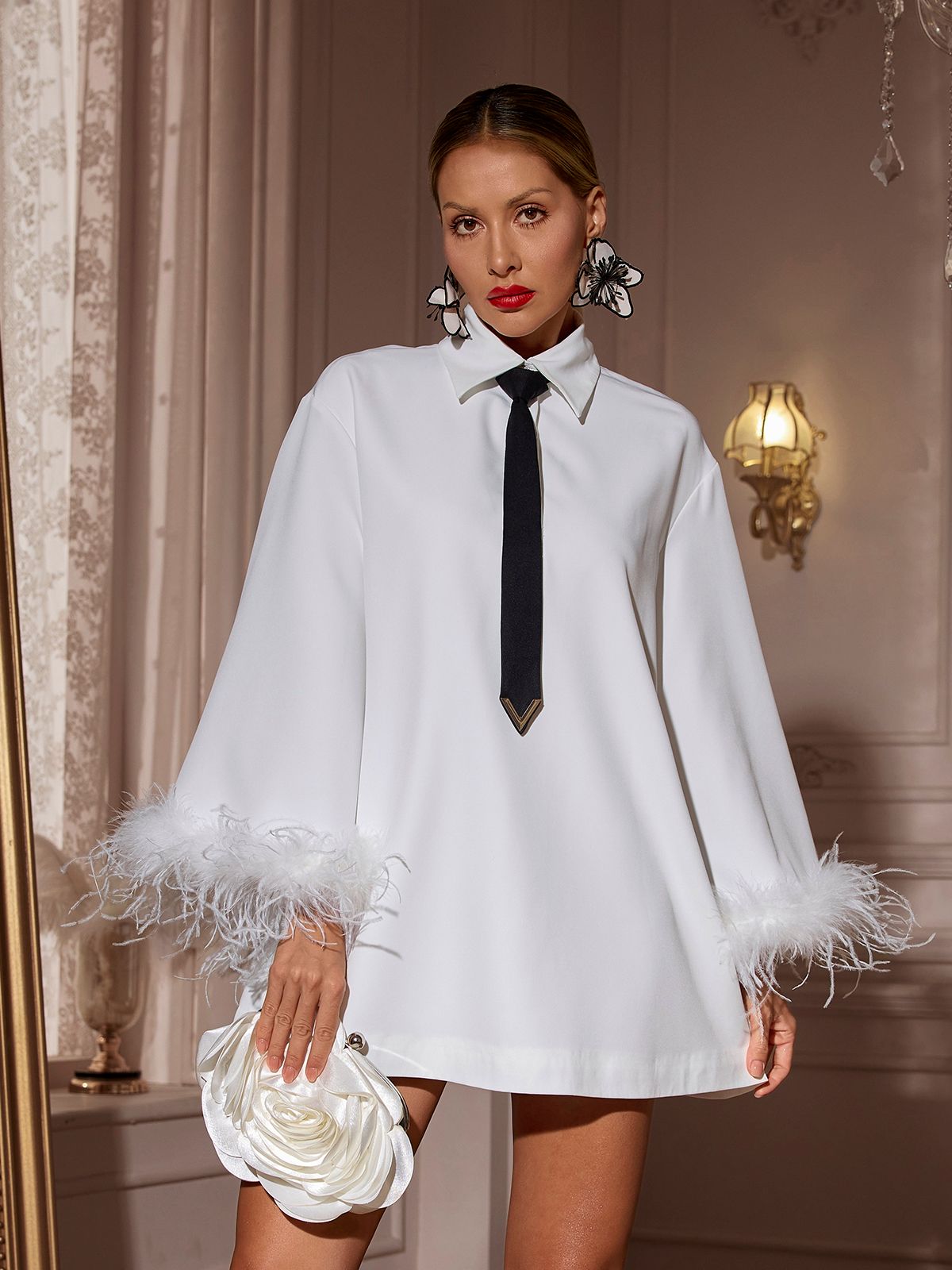 Folded Collar Feather Mini Dress In White