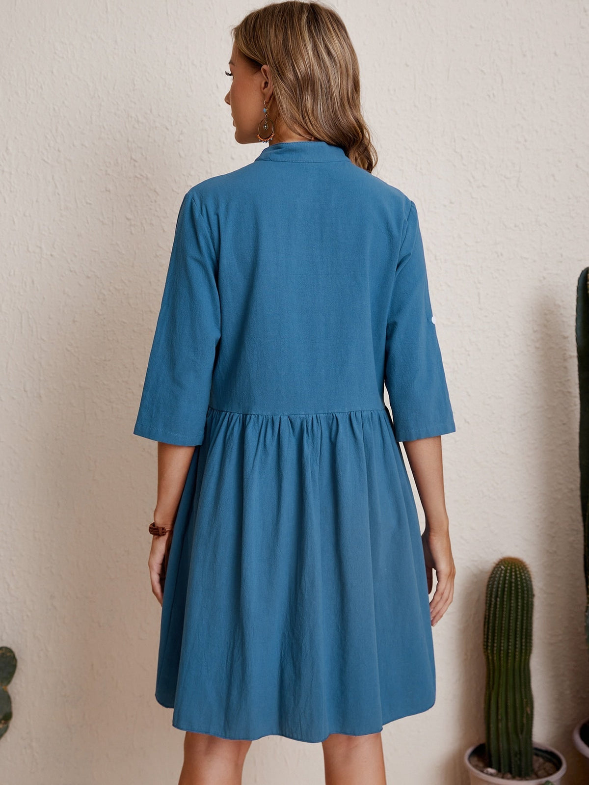 Button-Front High Neck Short Sleeve Smock Dress