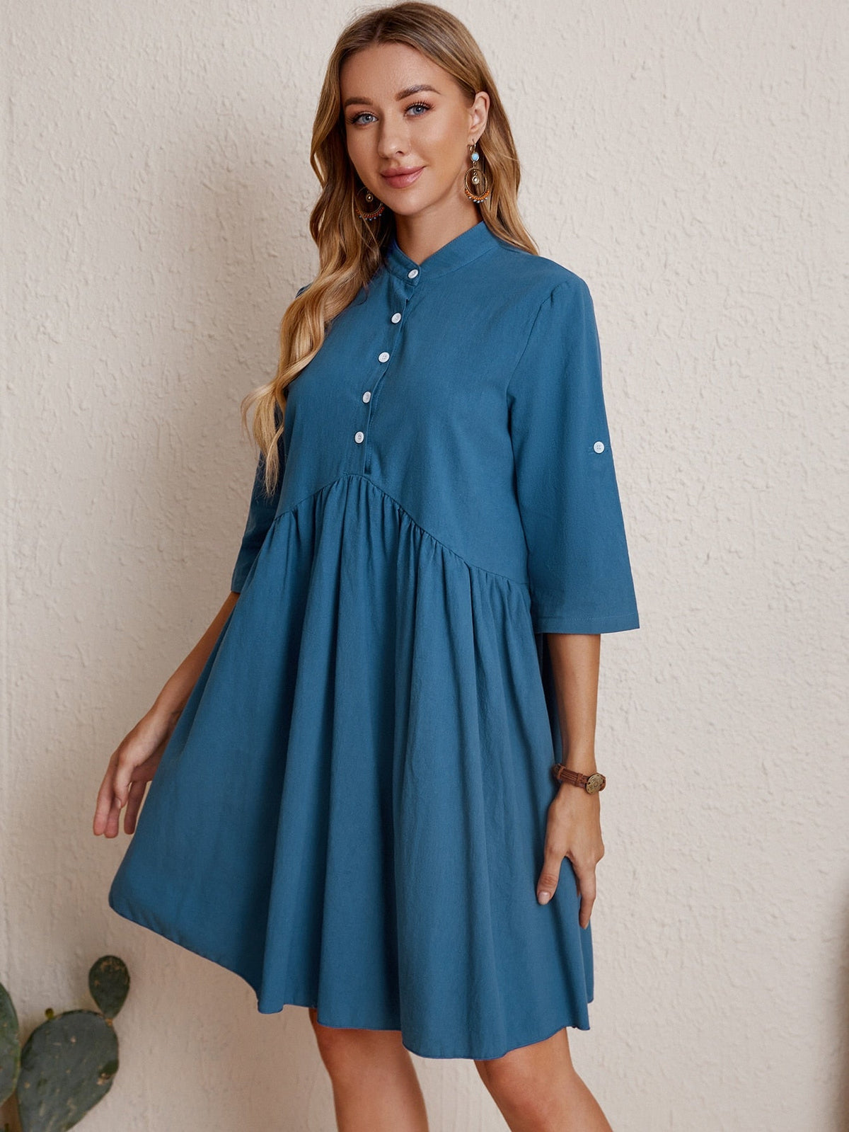 Button-Front High Neck Short Sleeve Smock Dress