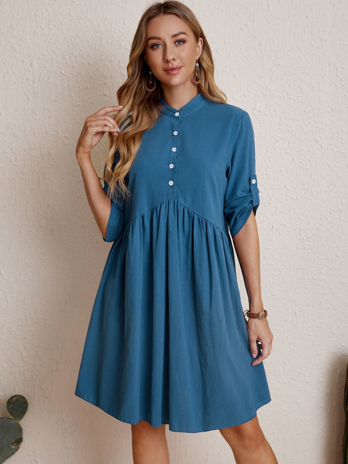 Button-Front High Neck Short Sleeve Smock Dress