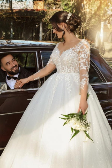 A-line Half sleeves lace V-neck Princess Wedding Dress with Appliques - Fashionpara