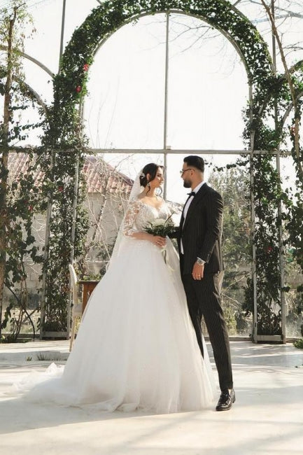 A-line Half sleeves lace V-neck Princess Wedding Dress with Appliques - Fashionpara