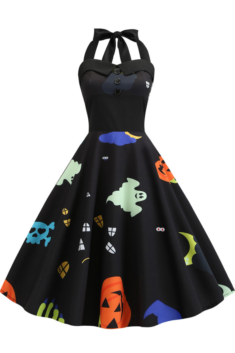 Halloween Halter Sleeveless Printed Dress - Mislish